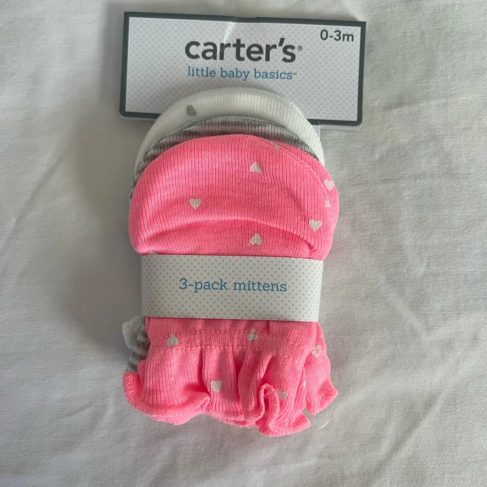[BUNDLE ME] Carter's Heart Patterned Pink and Gray Mittens - 3 Pack